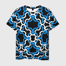 Мужская футболка 3D с принтом Сине белые полосы на чёрном фоне в Новосибирске, 100% полиэфир | прямой крой, круглый вырез горловины, длина до линии бедер | 