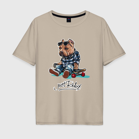 Мужская футболка хлопок Oversize с принтом Пес   скейтер в Санкт-Петербурге, 100% хлопок | свободный крой, круглый ворот, “спинка” длиннее передней части | Тематика изображения на принте: 