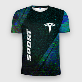 Мужская футболка 3D Slim с принтом Tesla sport glitch blue в Санкт-Петербурге, 100% полиэстер с улучшенными характеристиками | приталенный силуэт, круглая горловина, широкие плечи, сужается к линии бедра | Тематика изображения на принте: 