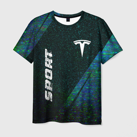 Мужская футболка 3D с принтом Tesla sport glitch blue в Санкт-Петербурге, 100% полиэфир | прямой крой, круглый вырез горловины, длина до линии бедер | Тематика изображения на принте: 