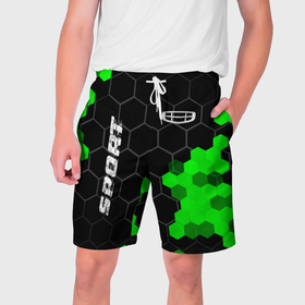 Мужские шорты 3D с принтом Geely green sport hexagon ,  полиэстер 100% | прямой крой, два кармана без застежек по бокам. Мягкая трикотажная резинка на поясе, внутри которой широкие завязки. Длина чуть выше колен | Тематика изображения на принте: 