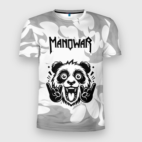 Мужская футболка 3D Slim с принтом Manowar рок панда на светлом фоне в Санкт-Петербурге, 100% полиэстер с улучшенными характеристиками | приталенный силуэт, круглая горловина, широкие плечи, сужается к линии бедра | 