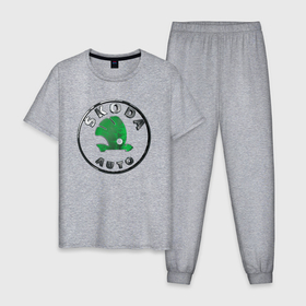 Мужская пижама хлопок с принтом Skoda 3D metal , 100% хлопок | брюки и футболка прямого кроя, без карманов, на брюках мягкая резинка на поясе и по низу штанин
 | 