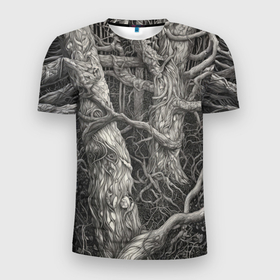 Мужская футболка 3D Slim с принтом Скетч лесной чащи в Екатеринбурге, 100% полиэстер с улучшенными характеристиками | приталенный силуэт, круглая горловина, широкие плечи, сужается к линии бедра | 