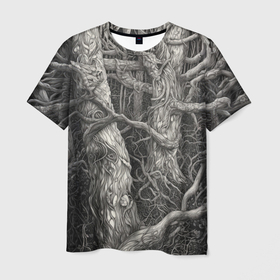Мужская футболка 3D с принтом Скетч лесной чащи в Екатеринбурге, 100% полиэфир | прямой крой, круглый вырез горловины, длина до линии бедер | Тематика изображения на принте: 