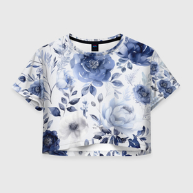 Женская футболка Crop-top 3D с принтом Акварельные гжель , 100% полиэстер | круглая горловина, длина футболки до линии талии, рукава с отворотами | 