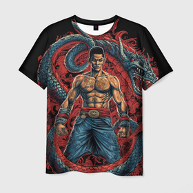 Мужская футболка 3D с принтом Боец  Муай тай и огромный  дракон , 100% полиэфир | прямой крой, круглый вырез горловины, длина до линии бедер | 