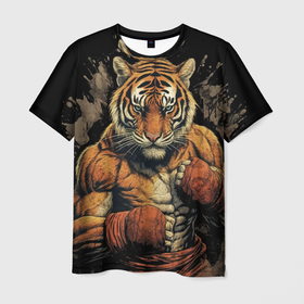Мужская футболка 3D с принтом Муай Тай тигр боевые искусства в Кировске, 100% полиэфир | прямой крой, круглый вырез горловины, длина до линии бедер | 
