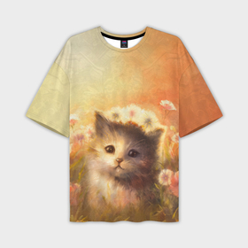 Мужская футболка oversize 3D с принтом Котёнок в цветочном поле   картина в Тюмени,  |  | Тематика изображения на принте: 