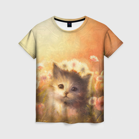 Женская футболка 3D с принтом Котёнок в цветочном поле   картина , 100% полиэфир ( синтетическое хлопкоподобное полотно) | прямой крой, круглый вырез горловины, длина до линии бедер | 