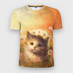 Мужская футболка 3D Slim с принтом Котёнок в цветочном поле   картина в Тюмени, 100% полиэстер с улучшенными характеристиками | приталенный силуэт, круглая горловина, широкие плечи, сужается к линии бедра | Тематика изображения на принте: 
