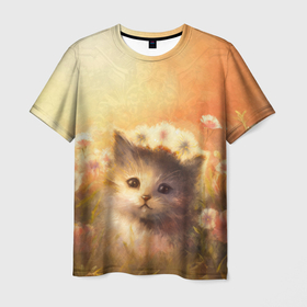 Мужская футболка 3D с принтом Котёнок в цветочном поле   картина в Тюмени, 100% полиэфир | прямой крой, круглый вырез горловины, длина до линии бедер | Тематика изображения на принте: 