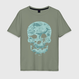 Мужская футболка хлопок Oversize с принтом Морской мир в черепе в Курске, 100% хлопок | свободный крой, круглый ворот, “спинка” длиннее передней части | 
