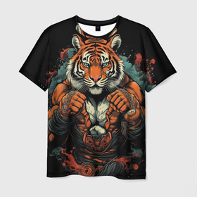 Мужская футболка 3D с принтом Муай Тай тигр в стойке боевые искусства в Кировске, 100% полиэфир | прямой крой, круглый вырез горловины, длина до линии бедер | Тематика изображения на принте: 