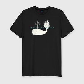 Мужская футболка хлопок Slim с принтом Кит и корабль в Белгороде, 92% хлопок, 8% лайкра | приталенный силуэт, круглый вырез ворота, длина до линии бедра, короткий рукав | 
