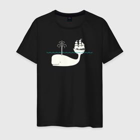 Мужская футболка хлопок с принтом Кит и корабль в Курске, 100% хлопок | прямой крой, круглый вырез горловины, длина до линии бедер, слегка спущенное плечо. | 