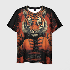 Мужская футболка 3D с принтом Муай Тай тигр в стойке боевые  искусства в Курске, 100% полиэфир | прямой крой, круглый вырез горловины, длина до линии бедер | 