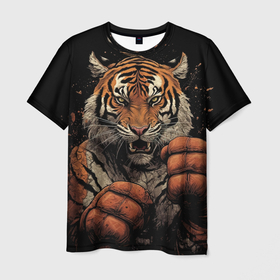 Мужская футболка 3D с принтом Муай Тай  тигр в стойке боевые  искусства в Кировске, 100% полиэфир | прямой крой, круглый вырез горловины, длина до линии бедер | 