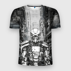 Мужская футболка 3D Slim с принтом Городской андроид в Петрозаводске, 100% полиэстер с улучшенными характеристиками | приталенный силуэт, круглая горловина, широкие плечи, сужается к линии бедра | 