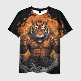Мужская футболка 3D с принтом Муай   Тай тигр в стойке боевые  искусства , 100% полиэфир | прямой крой, круглый вырез горловины, длина до линии бедер | 