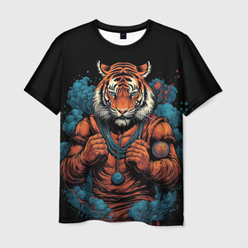 Мужская футболка 3D с принтом Муай   Тай тигр в стойке боевые искусства в Екатеринбурге, 100% полиэфир | прямой крой, круглый вырез горловины, длина до линии бедер | Тематика изображения на принте: 