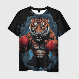 Мужская футболка 3D с принтом Муай   Тай тигр  в стойке боевые искусства , 100% полиэфир | прямой крой, круглый вырез горловины, длина до линии бедер | 