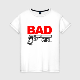 Женская футболка хлопок с принтом Bad girl with gun в Санкт-Петербурге, 100% хлопок | прямой крой, круглый вырез горловины, длина до линии бедер, слегка спущенное плечо | 