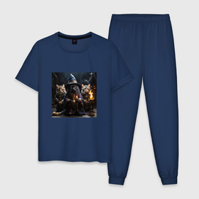 Мужская пижама хлопок с принтом Три кота волшебника в Тюмени, 100% хлопок | брюки и футболка прямого кроя, без карманов, на брюках мягкая резинка на поясе и по низу штанин
 | 