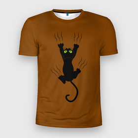 Мужская футболка 3D Slim с принтом Черный кот карабкается в Белгороде, 100% полиэстер с улучшенными характеристиками | приталенный силуэт, круглая горловина, широкие плечи, сужается к линии бедра | 