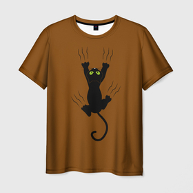 Мужская футболка 3D с принтом Черный кот карабкается в Тюмени, 100% полиэфир | прямой крой, круглый вырез горловины, длина до линии бедер | 