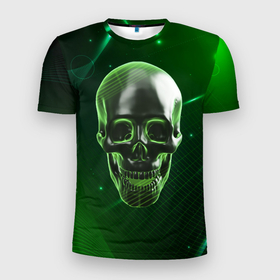 Мужская футболка 3D Slim с принтом Череп на зеленом фоне в Белгороде, 100% полиэстер с улучшенными характеристиками | приталенный силуэт, круглая горловина, широкие плечи, сужается к линии бедра | 