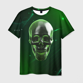 Мужская футболка 3D с принтом Череп на зеленом фоне в Белгороде, 100% полиэфир | прямой крой, круглый вырез горловины, длина до линии бедер | 