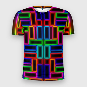 Мужская футболка 3D Slim с принтом Цветные светящиеся прямоугольники , 100% полиэстер с улучшенными характеристиками | приталенный силуэт, круглая горловина, широкие плечи, сужается к линии бедра | 