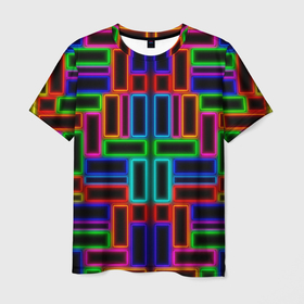 Мужская футболка 3D с принтом Цветные светящиеся прямоугольники , 100% полиэфир | прямой крой, круглый вырез горловины, длина до линии бедер | 