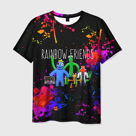 Мужская футболка 3D с принтом Roblox радужные друзья и брызги красок в Санкт-Петербурге, 100% полиэфир | прямой крой, круглый вырез горловины, длина до линии бедер | Тематика изображения на принте: 