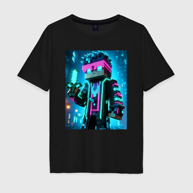 Мужская футболка хлопок Oversize с принтом Minecraft   neon character ai art в Санкт-Петербурге, 100% хлопок | свободный крой, круглый ворот, “спинка” длиннее передней части | Тематика изображения на принте: 