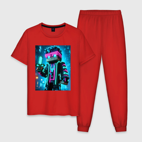 Мужская пижама хлопок с принтом Minecraft   neon character ai art в Белгороде, 100% хлопок | брюки и футболка прямого кроя, без карманов, на брюках мягкая резинка на поясе и по низу штанин
 | 