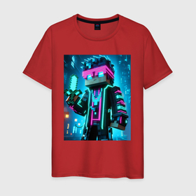 Мужская футболка хлопок с принтом Minecraft   neon character ai art в Санкт-Петербурге, 100% хлопок | прямой крой, круглый вырез горловины, длина до линии бедер, слегка спущенное плечо. | Тематика изображения на принте: 
