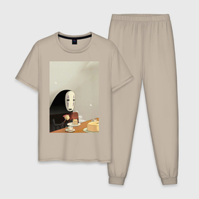 Мужская пижама хлопок с принтом Каонаси чаепитие в Санкт-Петербурге, 100% хлопок | брюки и футболка прямого кроя, без карманов, на брюках мягкая резинка на поясе и по низу штанин
 | 
