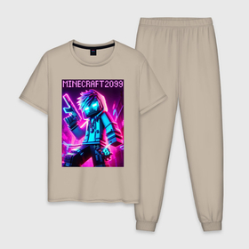 Мужская пижама хлопок с принтом Neon Minecraft   ai art в Белгороде, 100% хлопок | брюки и футболка прямого кроя, без карманов, на брюках мягкая резинка на поясе и по низу штанин
 | 