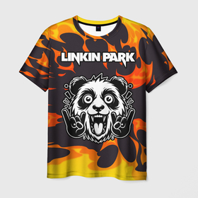 Мужская футболка 3D с принтом Linkin Park рок панда и огонь , 100% полиэфир | прямой крой, круглый вырез горловины, длина до линии бедер | Тематика изображения на принте: 