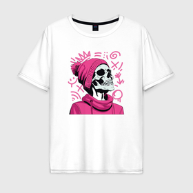 Мужская футболка хлопок Oversize с принтом Скелет в розовой шапке в Тюмени, 100% хлопок | свободный крой, круглый ворот, “спинка” длиннее передней части | 