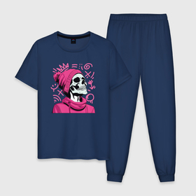 Мужская пижама хлопок с принтом Скелет в розовой шапке в Тюмени, 100% хлопок | брюки и футболка прямого кроя, без карманов, на брюках мягкая резинка на поясе и по низу штанин
 | Тематика изображения на принте: 