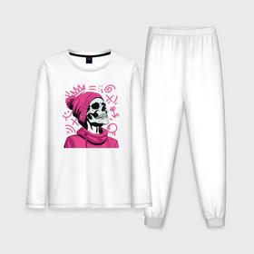 Мужская пижама с лонгсливом хлопок с принтом Скелет в розовой шапке в Тюмени,  |  | Тематика изображения на принте: 