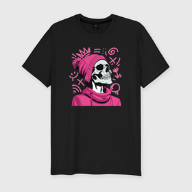 Мужская футболка хлопок Slim с принтом Скелет в розовой шапке в Белгороде, 92% хлопок, 8% лайкра | приталенный силуэт, круглый вырез ворота, длина до линии бедра, короткий рукав | 