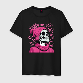 Мужская футболка хлопок с принтом Скелет в розовой шапке в Тюмени, 100% хлопок | прямой крой, круглый вырез горловины, длина до линии бедер, слегка спущенное плечо. | Тематика изображения на принте: 