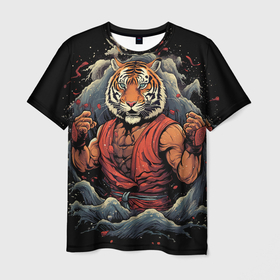 Мужская футболка 3D с принтом Тигр в стойке  тайский бокс в Екатеринбурге, 100% полиэфир | прямой крой, круглый вырез горловины, длина до линии бедер | 