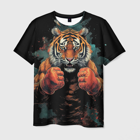 Мужская футболка 3D с принтом Тигр в  стойке тайский бокс в Курске, 100% полиэфир | прямой крой, круглый вырез горловины, длина до линии бедер | 
