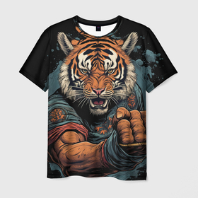 Мужская футболка 3D с принтом Тигр в стойке  тайский  бокс в Санкт-Петербурге, 100% полиэфир | прямой крой, круглый вырез горловины, длина до линии бедер | 