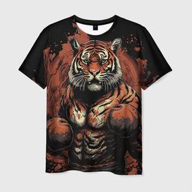 Мужская футболка 3D с принтом Муай Тай боевой тигр в  перчатках в Белгороде, 100% полиэфир | прямой крой, круглый вырез горловины, длина до линии бедер | 
